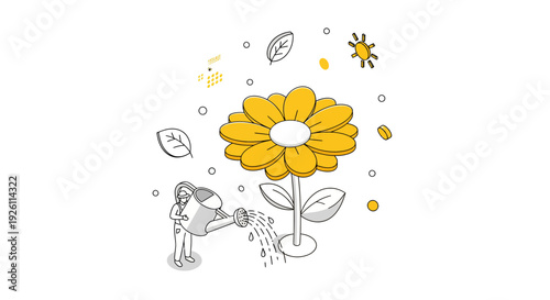 Child Watering a Yellow Flower Illustration.