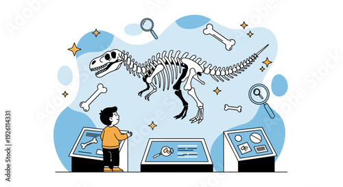 Child Examining Dinosaur Skeleton in Museum.