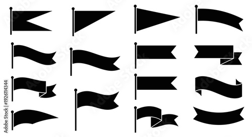 Collection of black ribbon banners in various shapes for design elements and decorative accents.