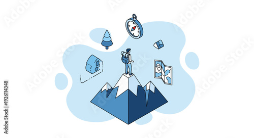 Climber Standing on Mountain Peak Illustration.