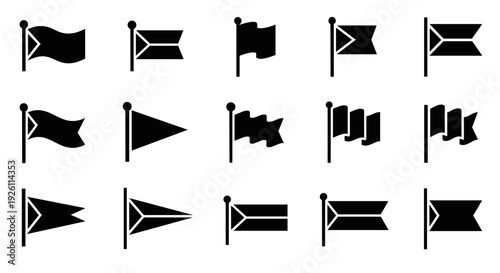Collection of black flag icons in various styles and orientations for design projects.