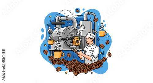 Coffee Roasting Process with Chef Illustration.