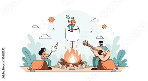 Couple Enjoying Music and Marshmallow Roasting.