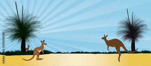 Kangaroos in the Australian outback with grass trees  and blue background