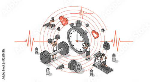 Fitness Equipment and Clock Surrounded by Icons.