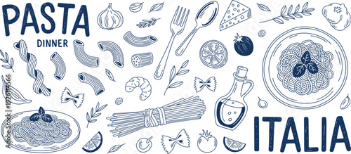 Vintage hand drawn pasta dinner illustration set, Italian cuisine line art collection with spaghetti, macaroni, olive oil and ingredients