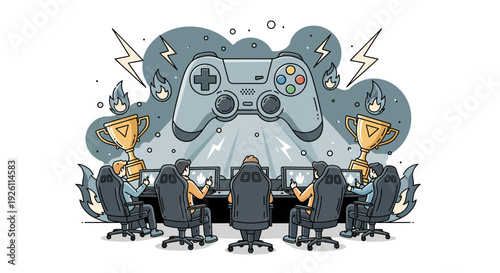 Group of Gamers Playing Video Game Together.