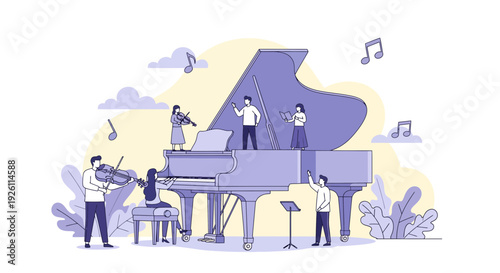 Group of Musicians Performing with Grand Piano.