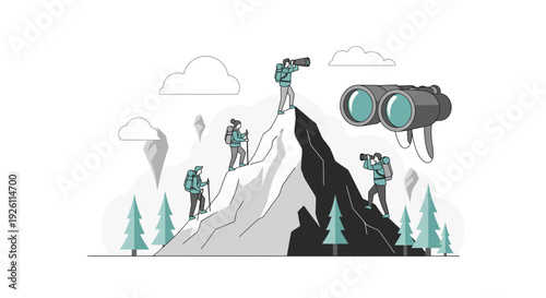 Illustration of people hiking on mountain peak.