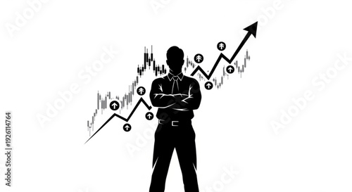 Businessman standing confidently in front of rising stock market graph