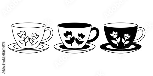 Elegant Floral Tea Cup Collection in Black and White Vintage Style Illustration
