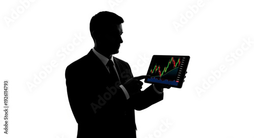 Silhouette of a businessman holding a tablet with a graph on the screen