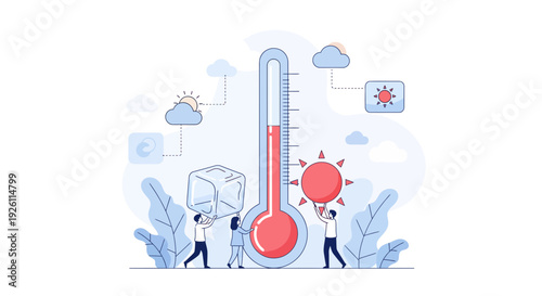 Large Thermometer with People Adjusting Temperature.