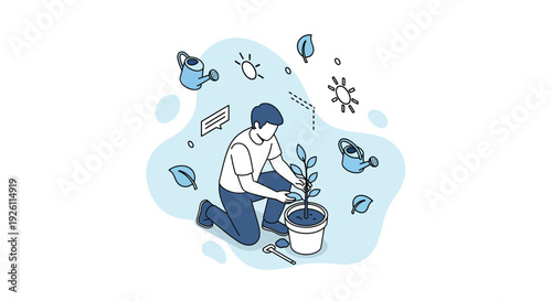 Man Kneeling Planting a Small Plant.