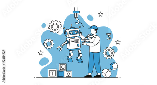 Man Interacting with Robot Illustration Artwork.