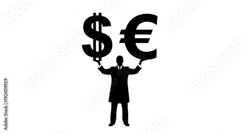 Silhouette of a man holding dollar and euro symbols up in the air