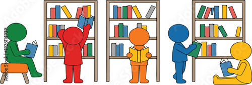 People Reading Books in a Library – Modern Digital Illustration