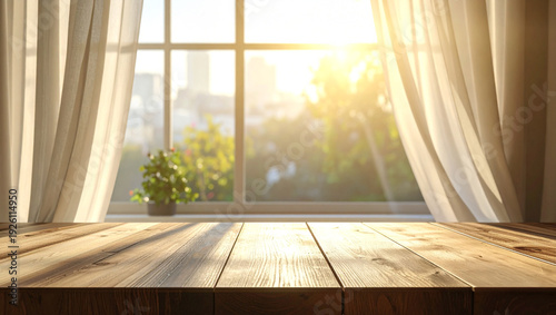 Mockup wooden table for product display against cozy sunlit interior background