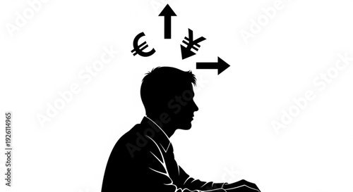 Black silhouette of a man with currency symbols floating above