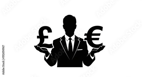Businessman silhouette holding pound and euro symbols in hands