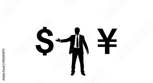 Businessman standing between dollar and yen currency symbols