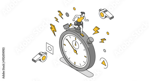 Man Standing on Alarm Clock Surrounded by Objects.