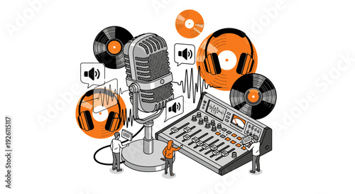 Music Production Equipment with Vinyl Records.