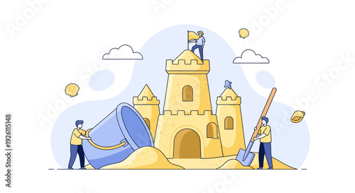 People Building Sandcastle on Beach Summer.