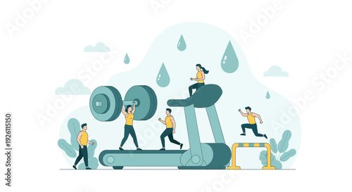 People Exercising on Fitness Equipment Illustration.