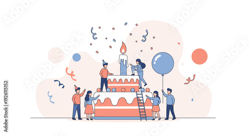 People Decorating Large Birthday Cake Together.