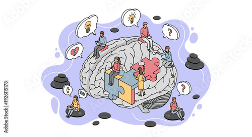 People inside a brain illustration.