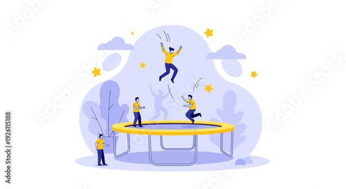 People Jumping on Trampoline Together.