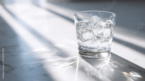 Glass of water with ice cubes on a marble countertop in sunlight