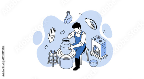 Potter Creating Ceramic Piece on Wheel.