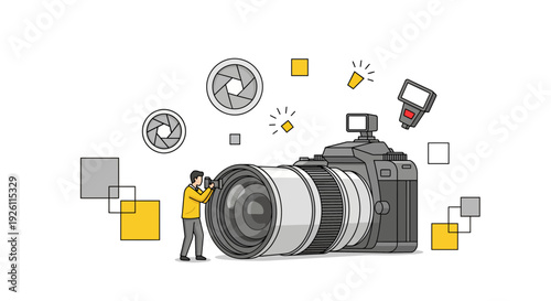 Photographer Adjusting Camera Lens Settings.