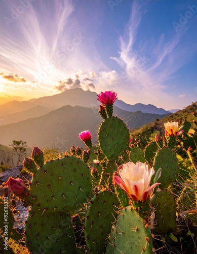 Stunning Sunset Over Mountain Range with Blooming Cactus Flowers in Foreground.