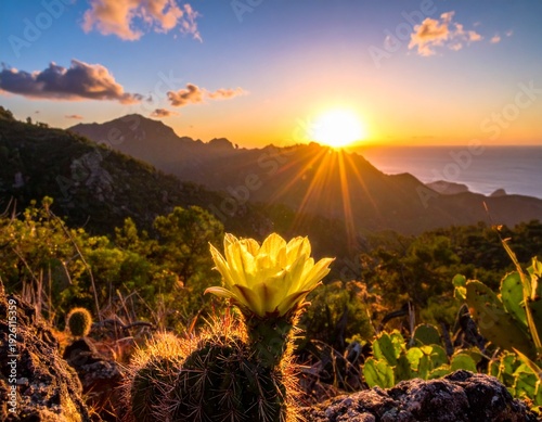 Stunning Sunset Over Mountain Range with Cactus Flower in Foreground.