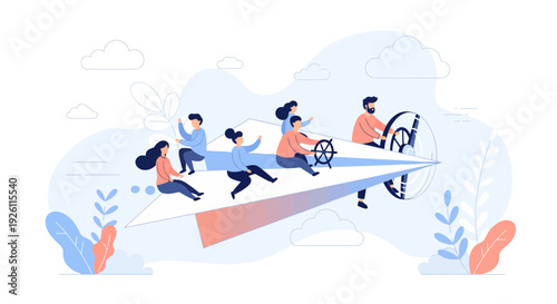 Teamwork People Running on Giant Pencil Concept.