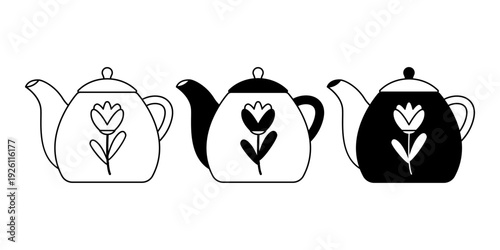 Vintage Teapot Silhouette Collection in Black and White Floral Style