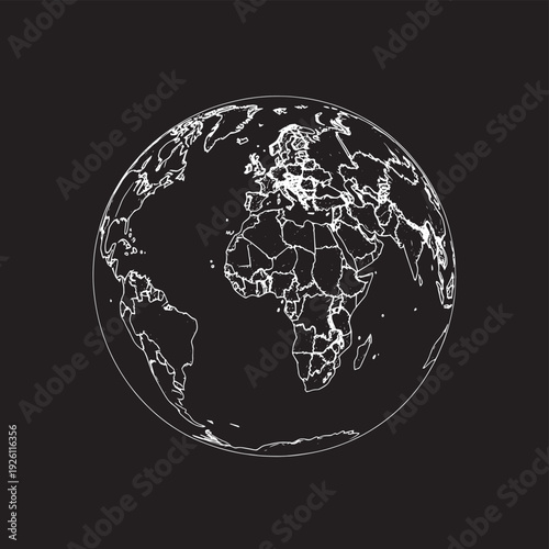 Earth globe one line drawing of world map vector illustration minimalist design of minimalism isolated on black background , vector style simple color