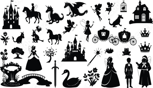 Fairy tale fantasy silhouette collection, magical castle artwork, dragon illustration