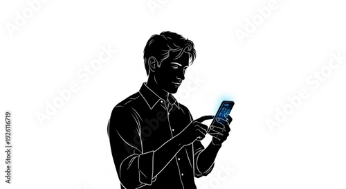Man looking at smartphone with blue screen in dark silhouette