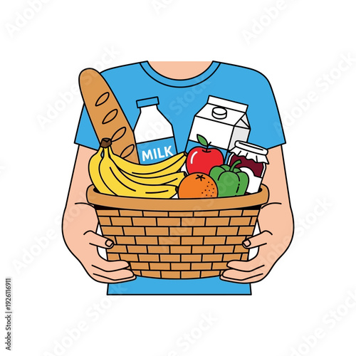 Person Holding Grocery Basket Full of Fresh Food and Dairy Products