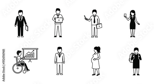A collection of diverse businesspeople in simple black outlines representing modern workplace inclusivity silhouette high quality professional detailed