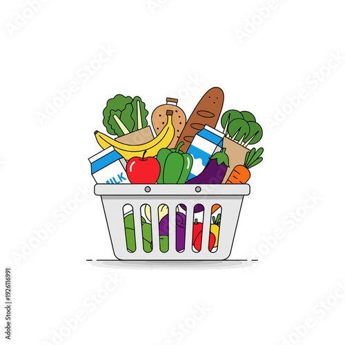 Full Grocery Basket with Fresh Produce and Dairy Products, Healthy Food Shopping