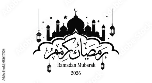 An elegant ramadan kareem greeting card featuring a mosque and crescent moon silhouette high quality professional detailed modern