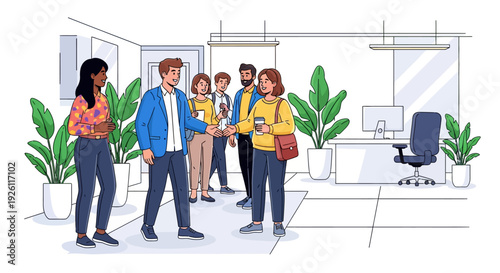 Happy Colleagues Arriving Bright Office Lobby