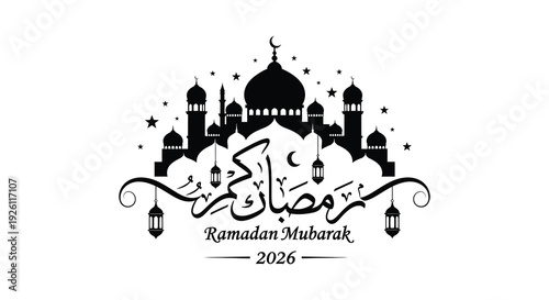 A beautiful ramadan kareem greeting with a crescent moon mosque and ornate calligraphy silhouette high quality professional detailed