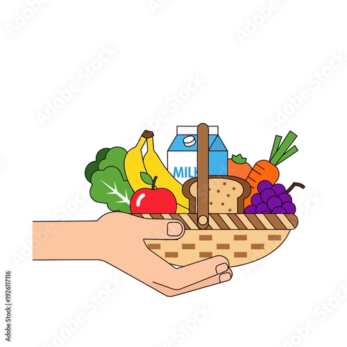 Hand Holding Basket of Fresh Groceries and Dairy Products