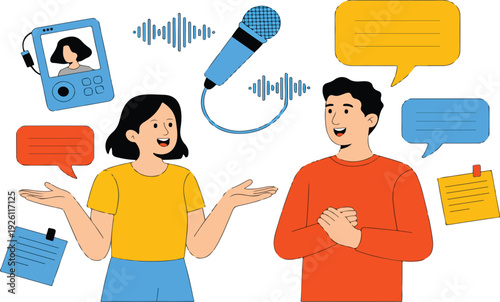 Two People in Conversation – Podcast Interview and Recording Concept Vector